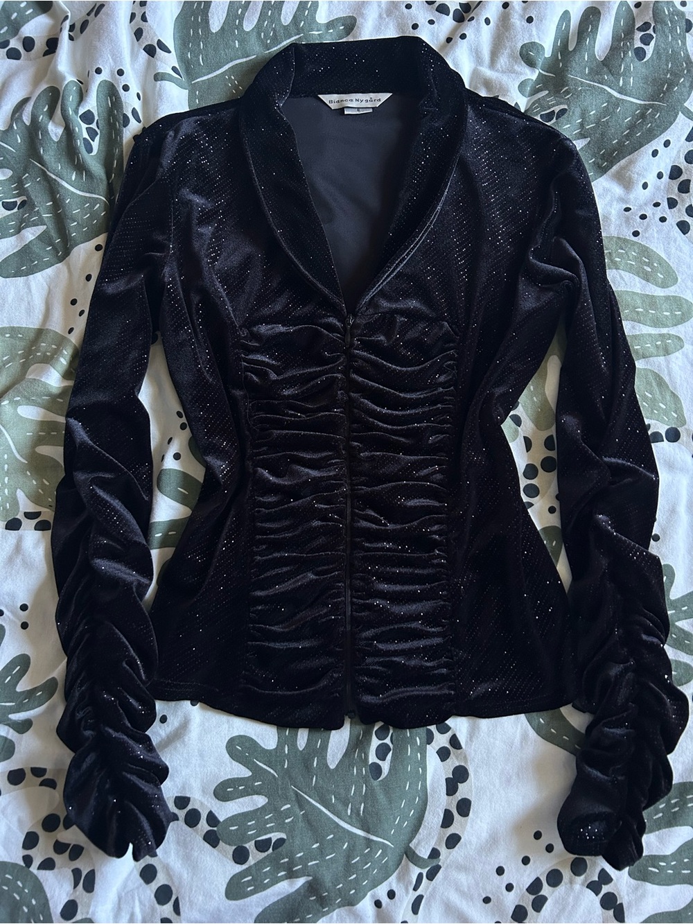 Y2K Vintage ‘Bianca Nygard’ Sparkly Black Ruched Velour Zip-Up